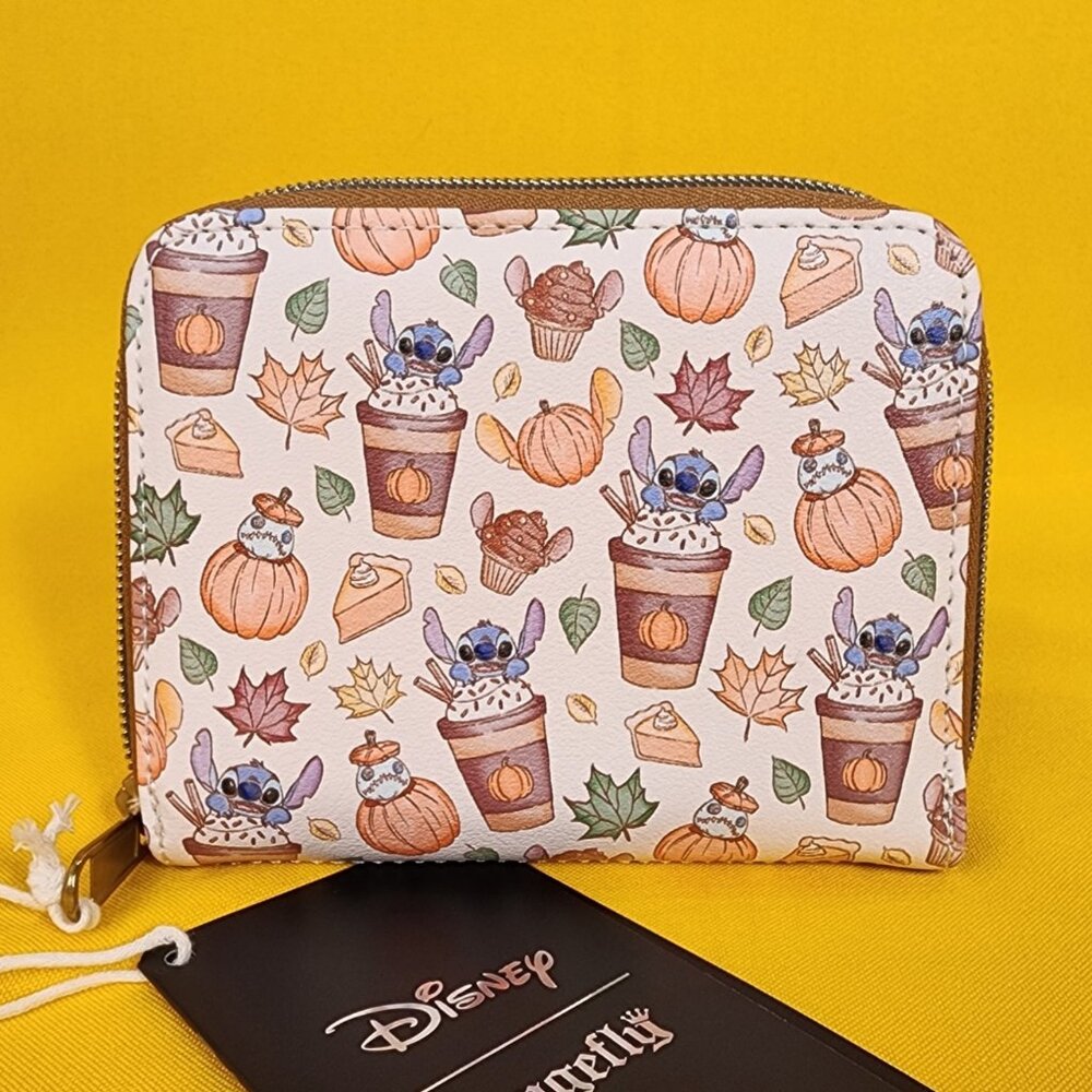 Loungefly Disney Lilo & Stitch Pumpkin Spice Latte Fall Leaf Zip Wallet NEW